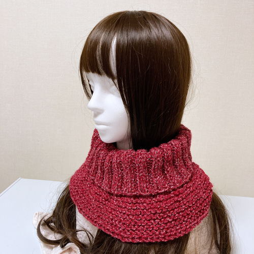 ネックウォーマー レッド 手編み 男女兼用 タートル風 つけ襟 スヌード