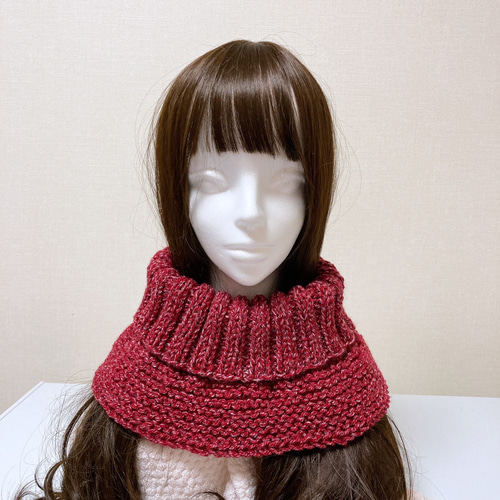 ネックウォーマー レッド 手編み 男女兼用 タートル風 つけ襟 スヌード