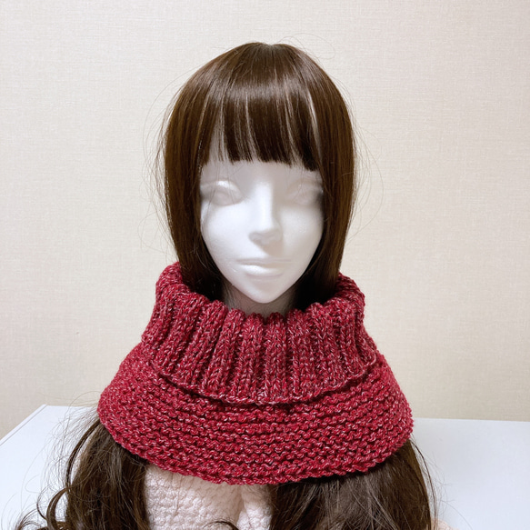 ネックウォーマー レッド 手編み 男女兼用 タートル風 つけ襟 スヌード