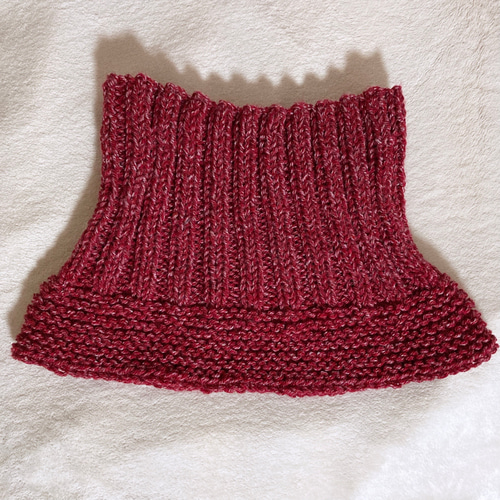 ネックウォーマー レッド 手編み 男女兼用 タートル風 つけ襟 スヌード