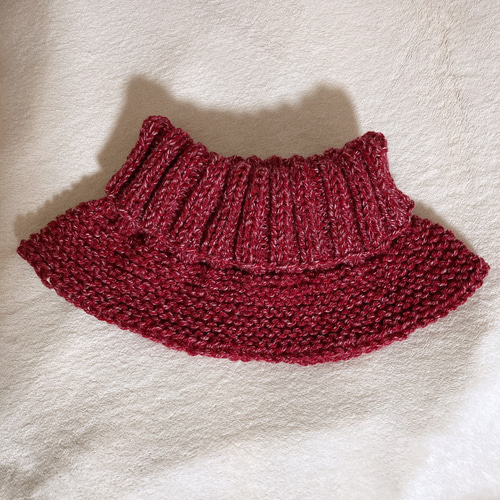 ネックウォーマー レッド 手編み 男女兼用 タートル風 つけ襟 スヌード