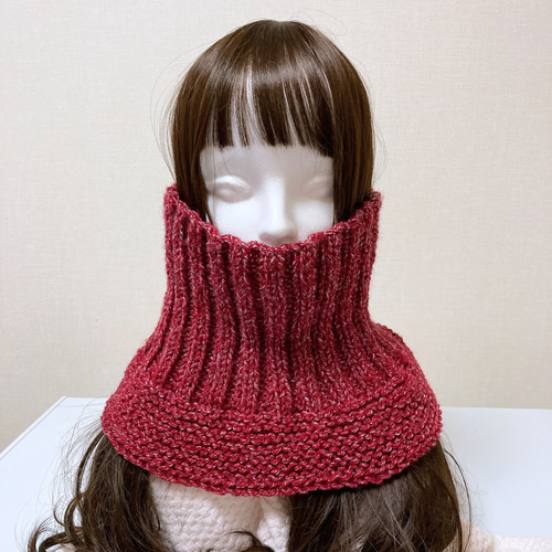 ネックウォーマー レッド 手編み 男女兼用 タートル風 つけ襟 スヌード