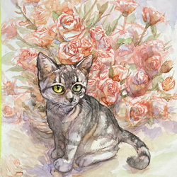 送料無料「バラと仔猫」透明水彩原画F6サイズ額装込み 絵画 窪田