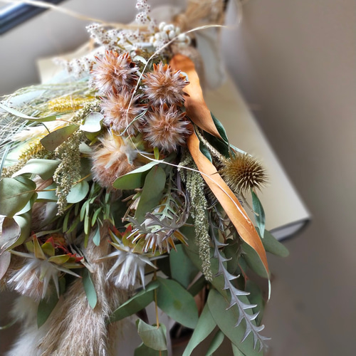 ネイティブとオレゴンモミやグリーンの花束スワッグ/ドライフラワー/綿花