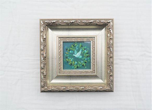 幸運を運ぶ＊白い鳩の絵「オリーブの話」　アンティークな額に入った一点物の油彩画　鳩　鳥の絵　絵画　風水　インテリア 1枚目の画像