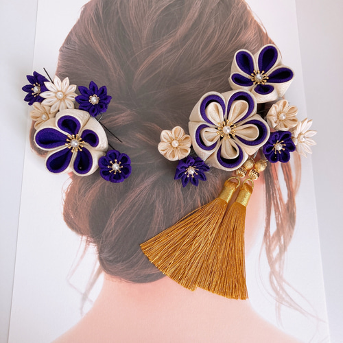 つまみ細工】髪飾り 成人式 卒業式 結婚式 振袖 紫 青 かんざし ai