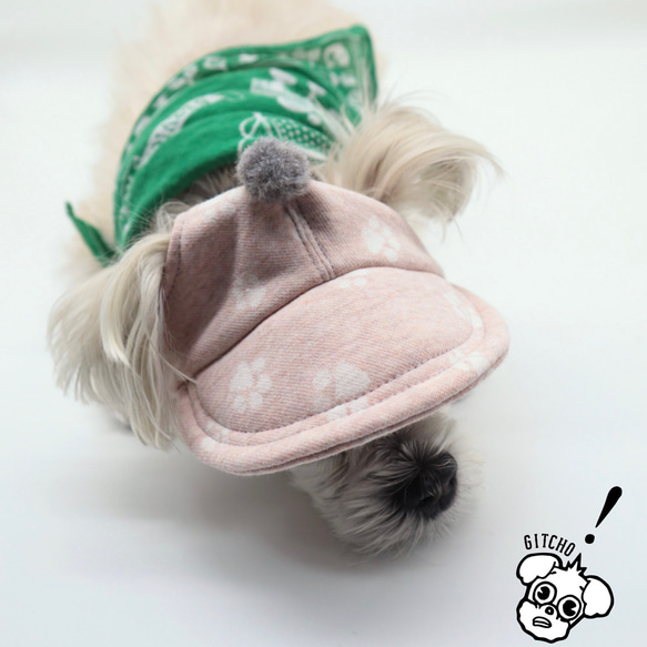 ドッグキャップ-ポンポン-ピンク肉球柄（耳出し）犬用帽子 10枚目の画像