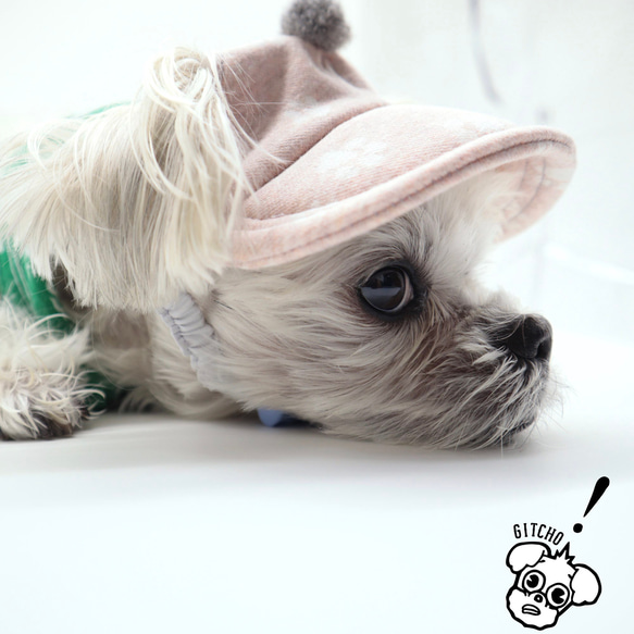 ドッグキャップ-ポンポン-ピンク肉球柄（耳出し）犬用帽子 9枚目の画像