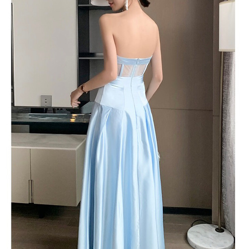 サテン チューブトップ ライトブルーウエディングドレス 二次会 ドレス  