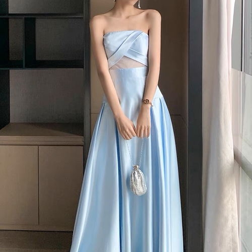 サテン チューブトップ ライトブルーウエディングドレス 二次会 ドレス  
