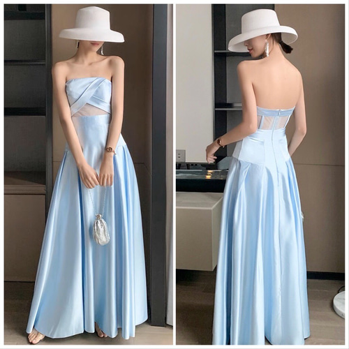 サテン チューブトップ ライトブルーウエディングドレス 二次会 ドレス  