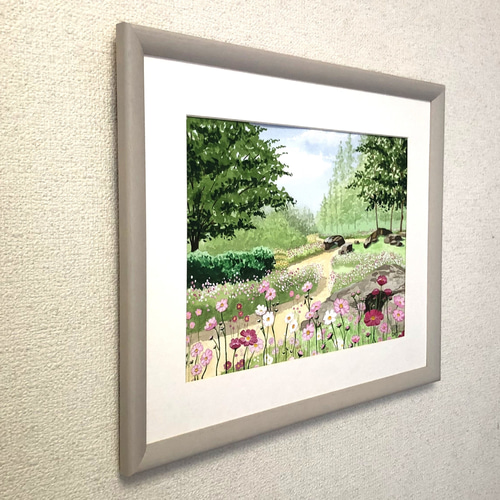 透明水彩画　水彩画　「コスモスの小径」額縁付　F４サイズ　原画 透明水彩画水彩画「コスモスの小径」額縁付F4サイズ原画