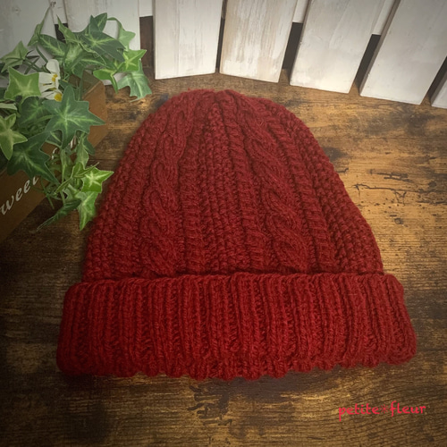 ニットアラン模様＆鹿子編み帽子（レッド） ニット帽・ビーニー fleur