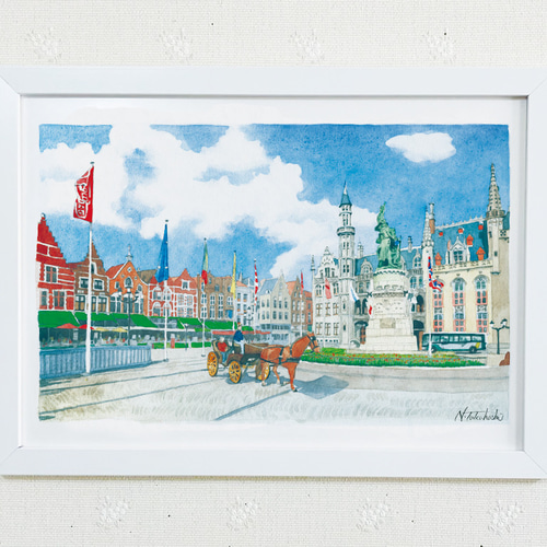 水彩で描く風景画『ベルギー ブリュージュ歴史地区』ジグレ版画 水彩画