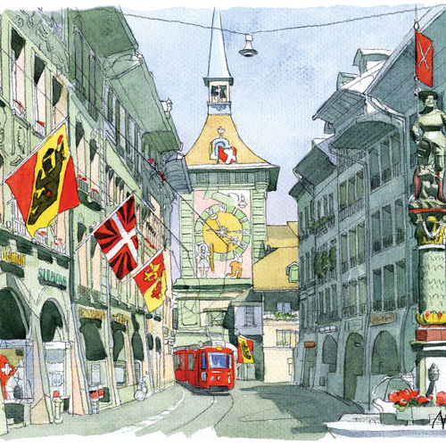 水彩で描く風景画『スイス ベルン旧市街』ジグレ版画 額付き 水彩画 A4