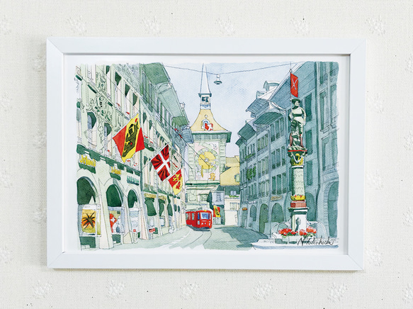 水彩で描く風景画『スイス　ベルン旧市街』ジグレ版画　水彩画 A4 記念日 インテリア 絵画 イラスト 3枚目の画像