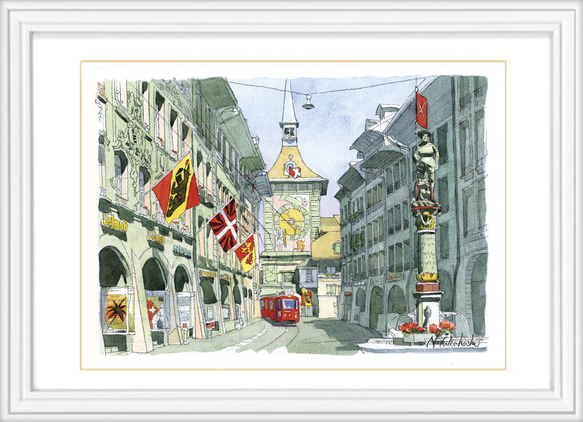 水彩で描く風景画『スイス　ベルン旧市街』ジグレ版画　水彩画 A4 記念日 インテリア 絵画 イラスト 1枚目の画像