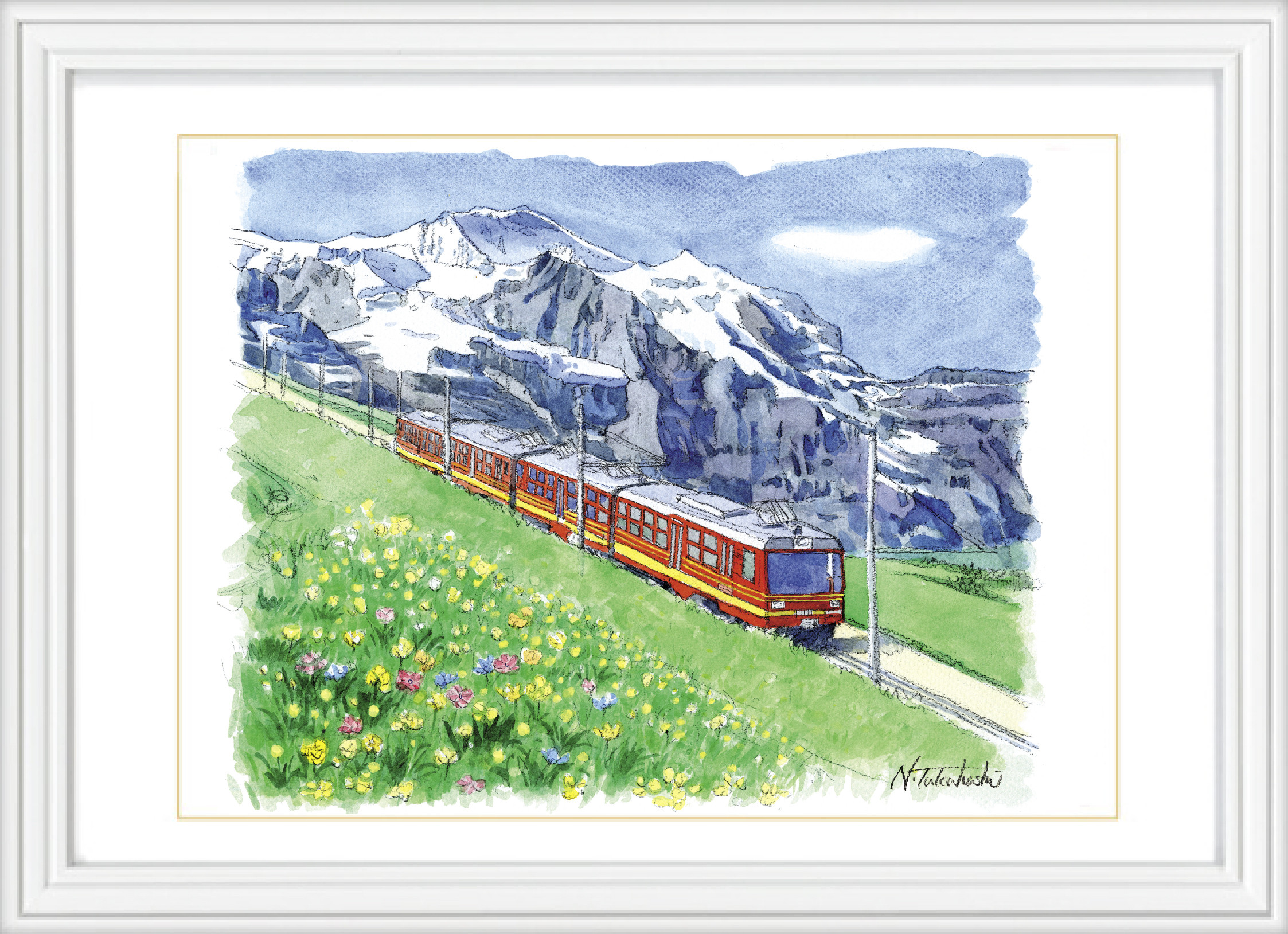 鉛筆画 スイス風景 A5サイズ 鉛筆画 スイス風景 A5サイズ 湖の風景画,スイスの風景画