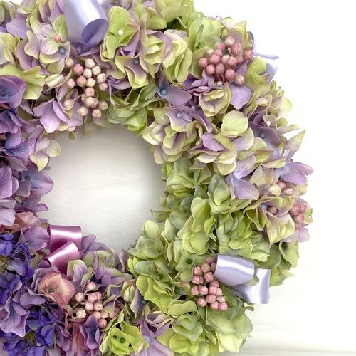 紫陽花とリボンのリース アーティフィシャルフラワーアレンジメント 色