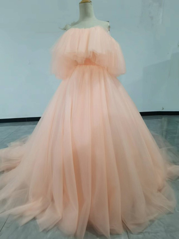 美品！コーラルピンクドレス オフショルダー  華やかなトレーン/結婚式/披露宴