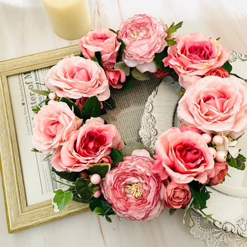 セール 30㎝リース 大輪ピンク薔薇の華やかリース 大きなリース セール 30㎝リース 大輪ピンク薔薇の華やかリース 大きなリース