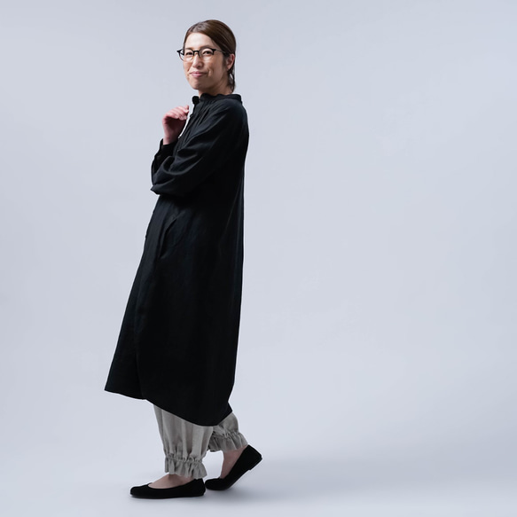 [wafu] 亞麻連身裙，驚艷 psam 繭型連身裙，超高密度亞麻/黑色 a082b-bck1 第2張的照片