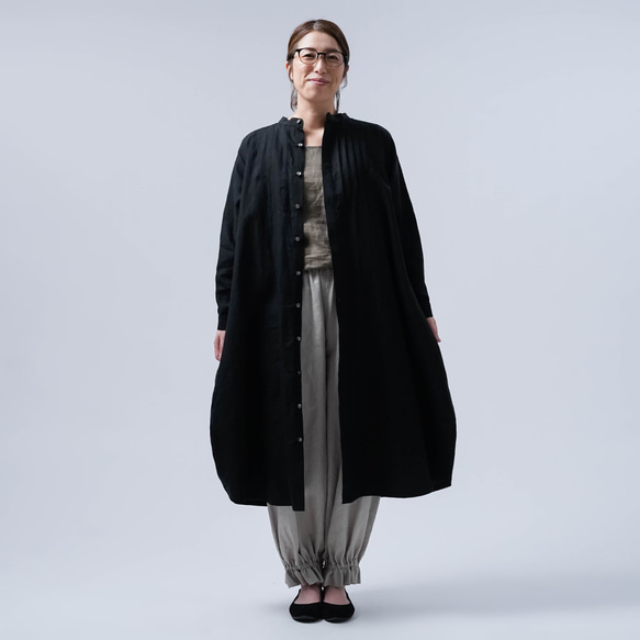 [wafu] 亞麻連身裙，驚艷 psam 繭型連身裙，超高密度亞麻/黑色 a082b-bck1 第5張的照片