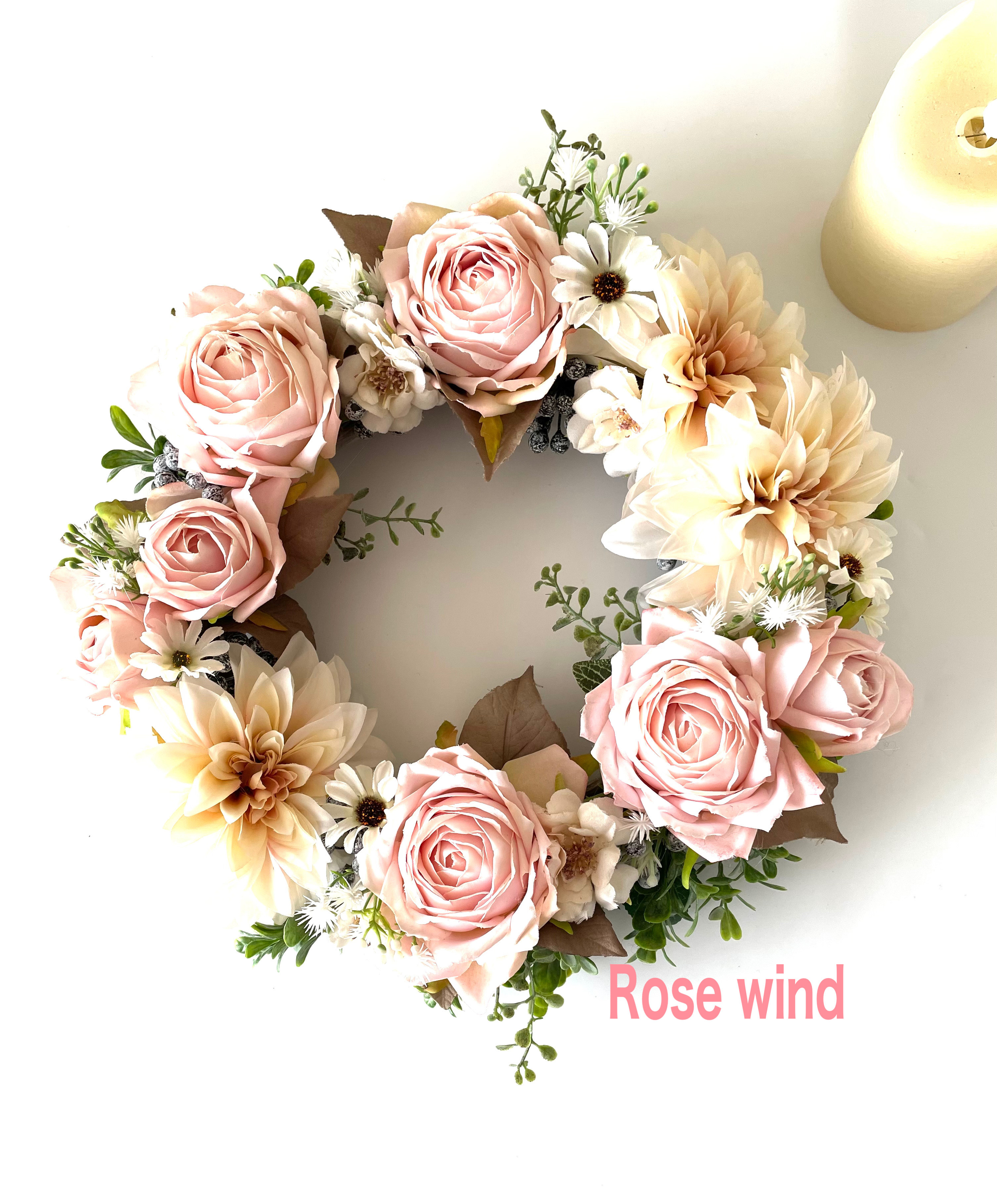 受注制作　残り1展　大輪薔薇リース　大輪ベージュピンク薔薇　ギフト　薔薇リース　アーテフィシャルフラワー 4,838円