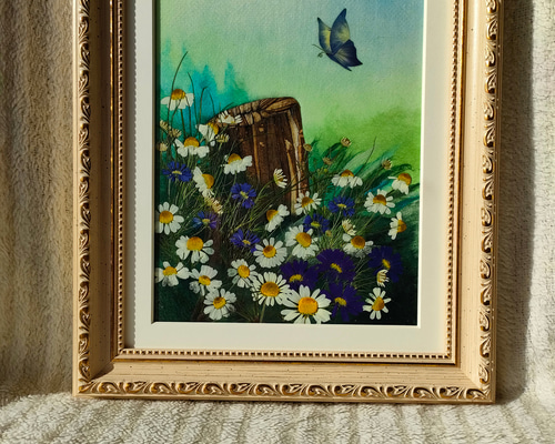 押し花アート額#押し花#切り株＃蝶々#カモミール#ハーブ