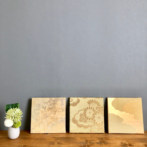 再販 着物のファブリックパネル 晴れやかなゴールド（3枚セット