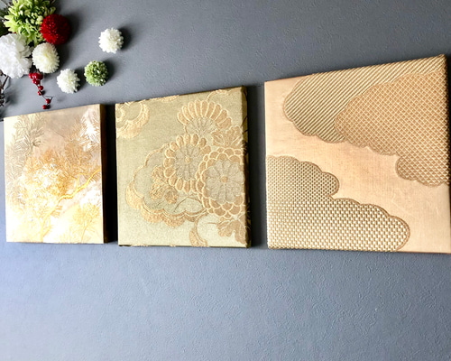 再販 着物のファブリックパネル 晴れやかなゴールド（3枚セット