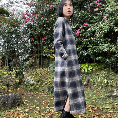 コットンツィードのブルーチェックワンピース ワンピース 自然堂 通販  