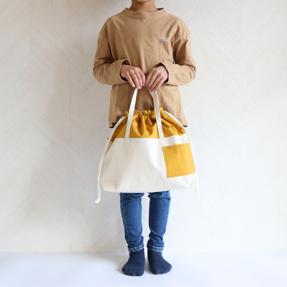 ◆早割◆ワイドサイズのお着替え袋・キナリ×マスタード・保育園・幼稚園・小学校・大容量