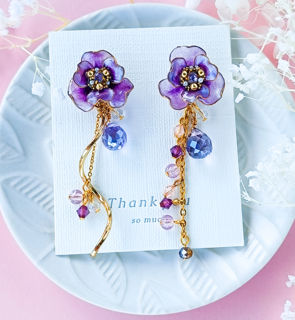 anemone 紫・アネモネ ・雫・ツイストスティック・ピアス（サージカルステンレス316L） イヤリング　 3枚目の画像