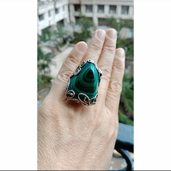 孔雀石手工銀戒純銀戒指 ~ 「漣漪」~Malachite Silver Ring 第6張的照片