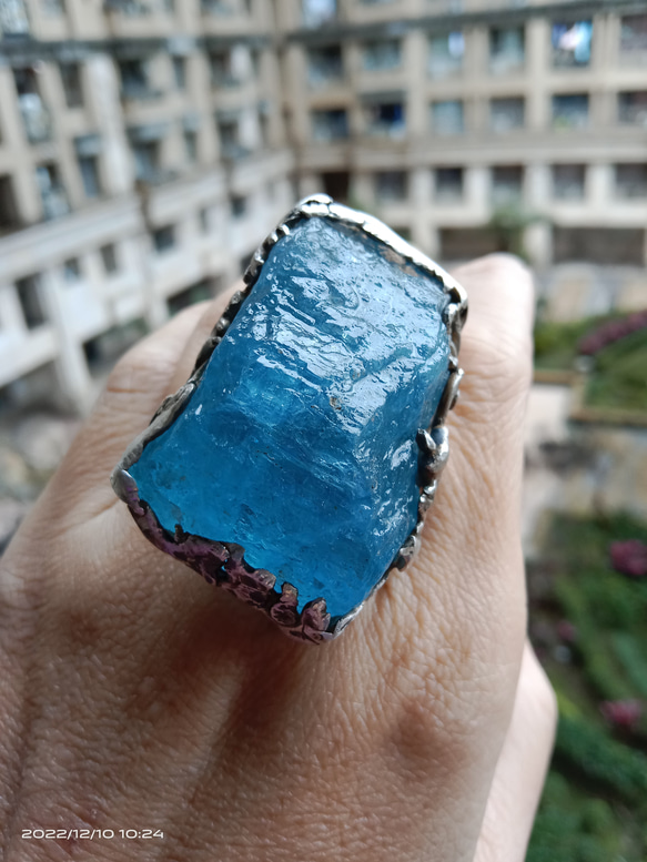 海藍寶原礦手工銀戒 純銀戒指~ 「海水正藍」~ Aquamarine Mineral Silver Ring 第11張的照片