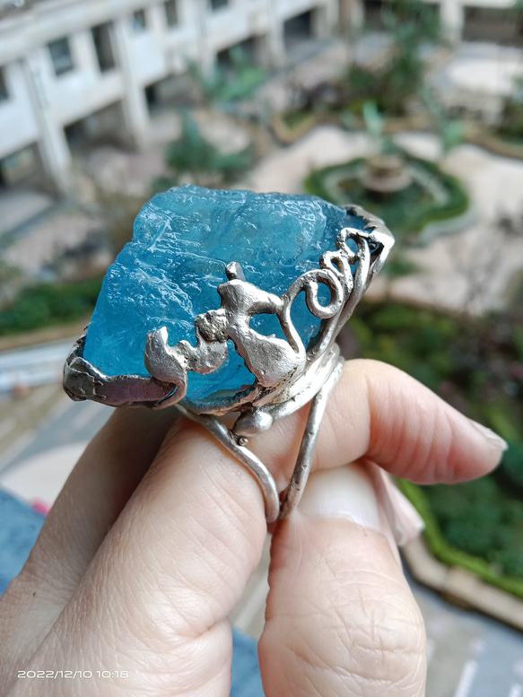 海藍寶原礦手工銀戒 純銀戒指~ 「海水正藍」~ Aquamarine Mineral Silver Ring 第12張的照片