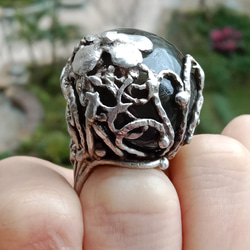 拉長石骷髏頭手工銀戒純銀戒指~「女王頭」 ~Labradorite Stone Skull Silver Ring 第7張的照片