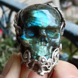 拉長石骷髏頭手工銀戒純銀戒指~「女王頭」 ~Labradorite Stone Skull Silver Ring 第9張的照片