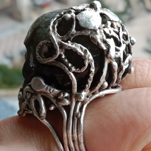 ラブラドライト スカル シルバー リング ハンドメイド シルバー