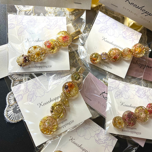 ボタン風レジンヘアクリップ レジンアクセサリー ゴールド ドライ