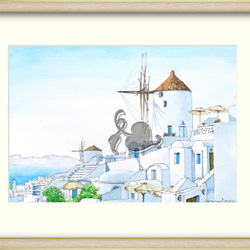 ギリシャ　サントリーニ島　風車の透明水彩　原画です。 2枚目の画像