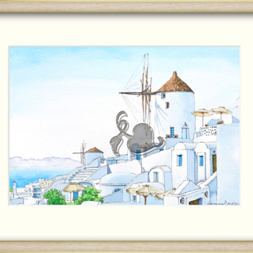 ギリシャ サントリーニ島 風車の透明水彩 原画です。 絵画 浜野
