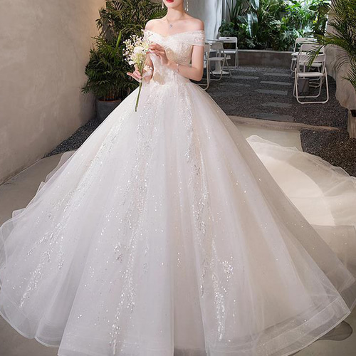 高級ウェディングドレスオーダーメイド チューブトップ華やかな引き裾