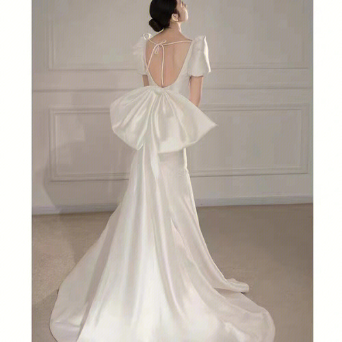 ウェディングドレス マーメイド パフスリーブ リボン ドレス ウララ  