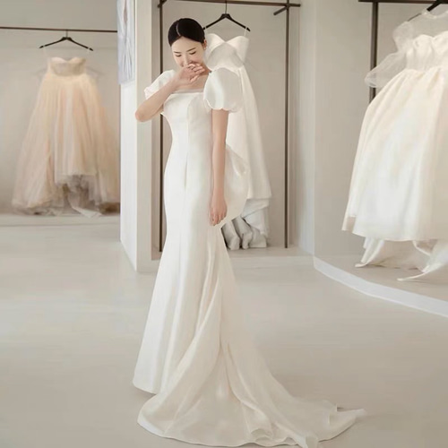 ウェディングドレス マーメイド パフスリーブ リボン ドレス ウララ  