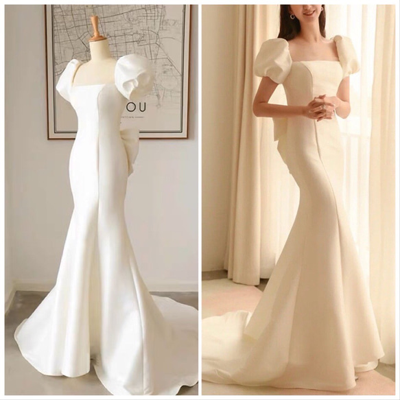 ウェディングドレス マーメイド パフスリーブ リボン ドレス ウララ  
