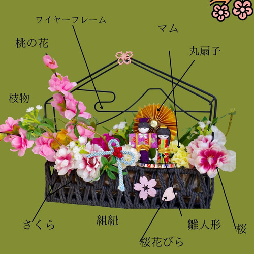桃山雛 ひな人形 花飾り付き 飾り方2way! お雛様と富士山フレームの雛祭りアレン 壁飾り 置物