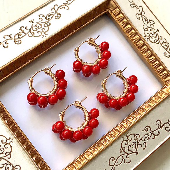 K18フープピアス赤いストーン 再販3】オーダー製作☆赤珊瑚の14kgfフープピアス☆赤珊瑚5mm玉