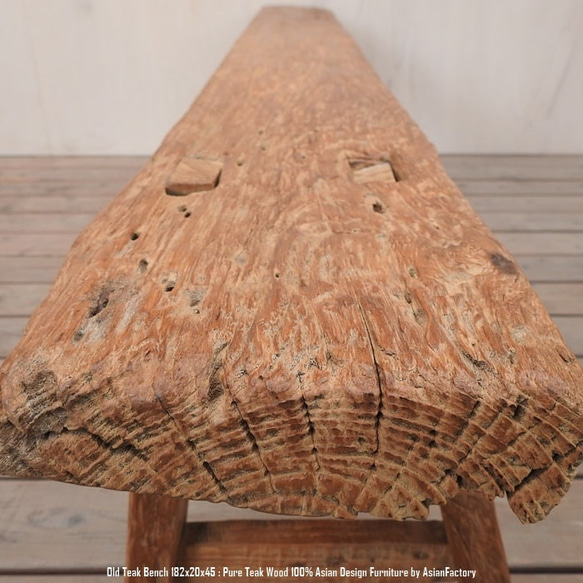 一点物 スツール 木製 182cm オールドチーク材 ベンチ 長椅子 木製いす 総無垢材 一枚板 アジアン家具 バリ家具 3枚目の画像